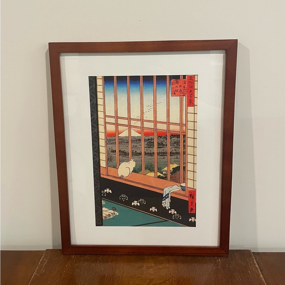 Ukiyoe Cat Japanese Art Print 12x16 Hiroshige Asakusa Rice Fields Brown Frame